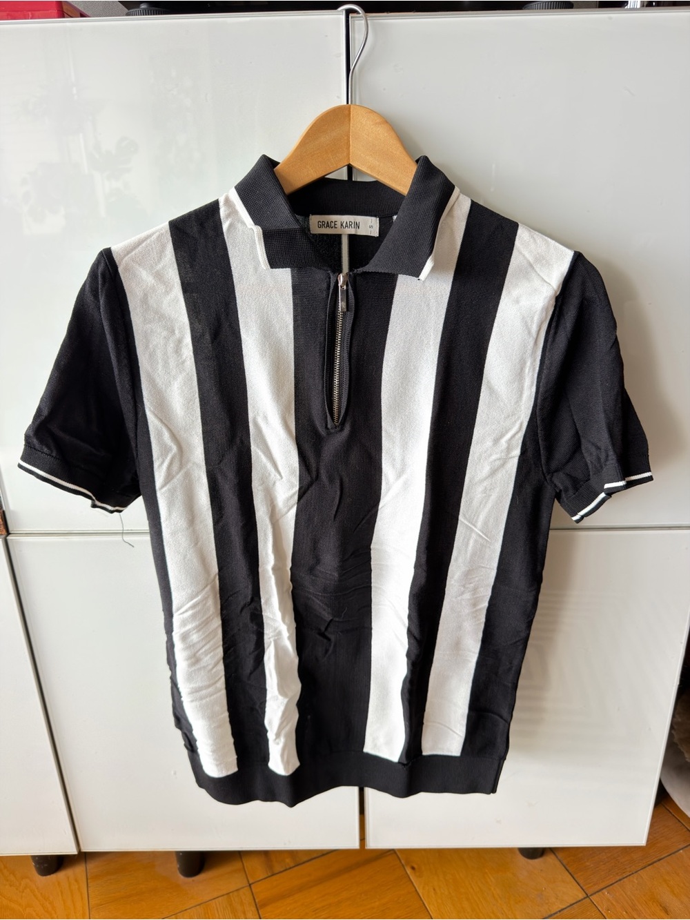 Grace Karin Black & White Striped Polo Zip Top